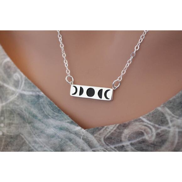 Sterling Silver Moon Phase Pendant Necklace With Black Wood - Picture 3 of 3